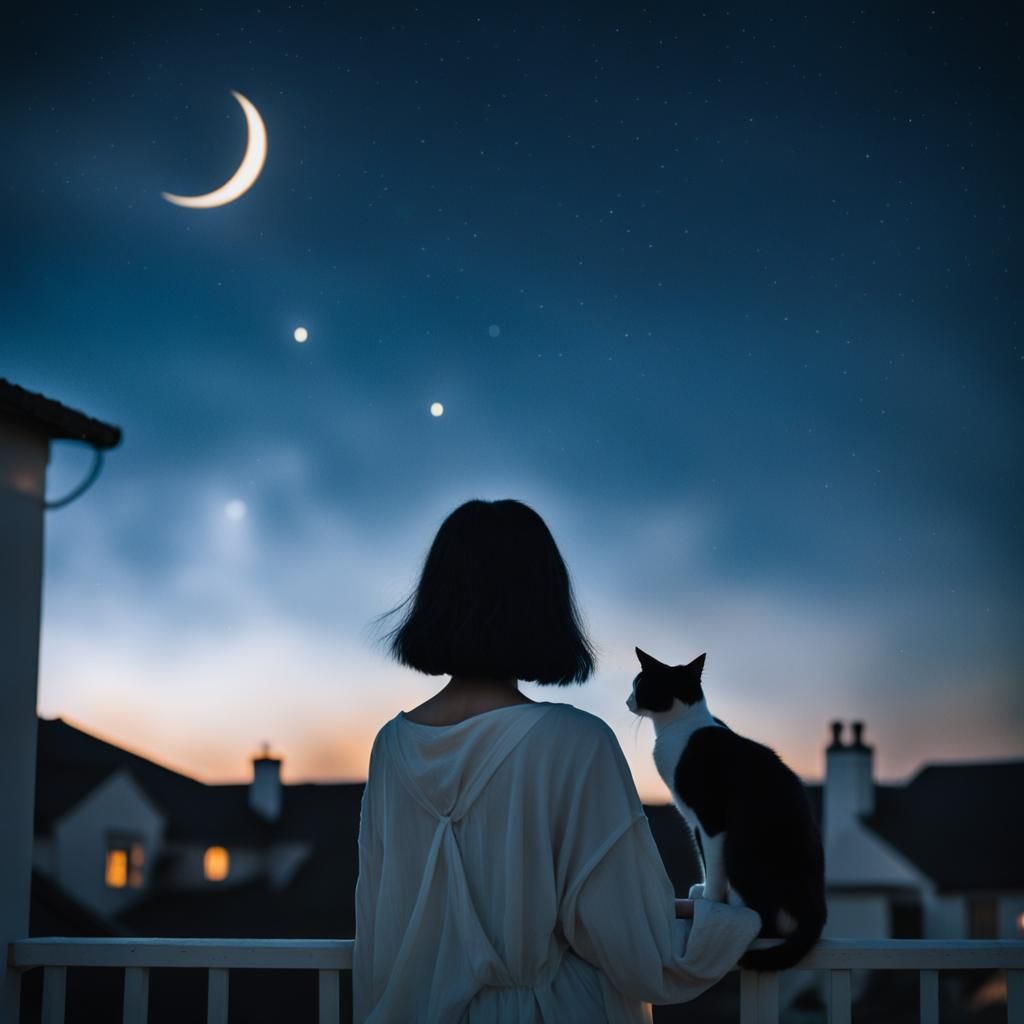 Girl with Cat in Moonlit Night: Portrait Photography