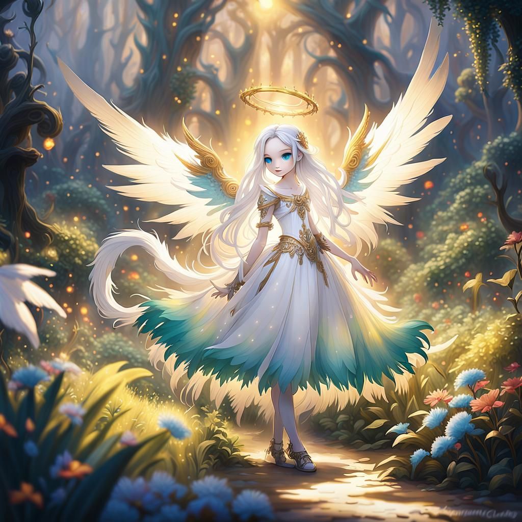 Ethereal Angel in Lush Garden: Fantasy Concept Art