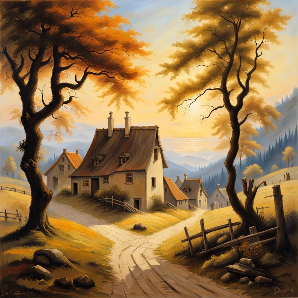 Idyllic Village Scene in 19th Century Painting Style