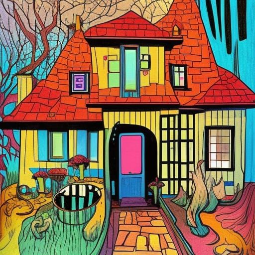 Surreal House at Night, Hyperdetailed Illustration