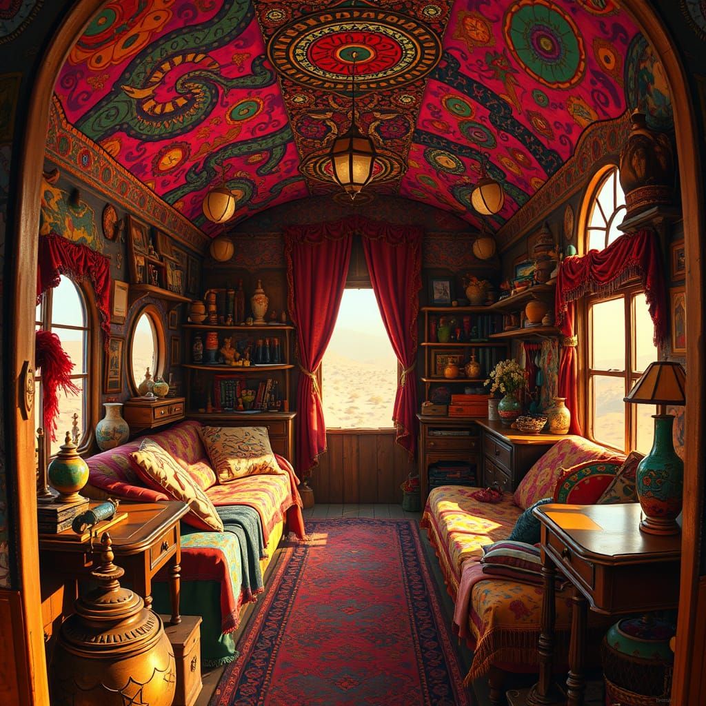 Whimsical Gypsy Wagon Interior in Vibrant Folk Art Style