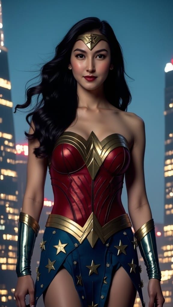 Wonder Woman on Justice League Tower at Night