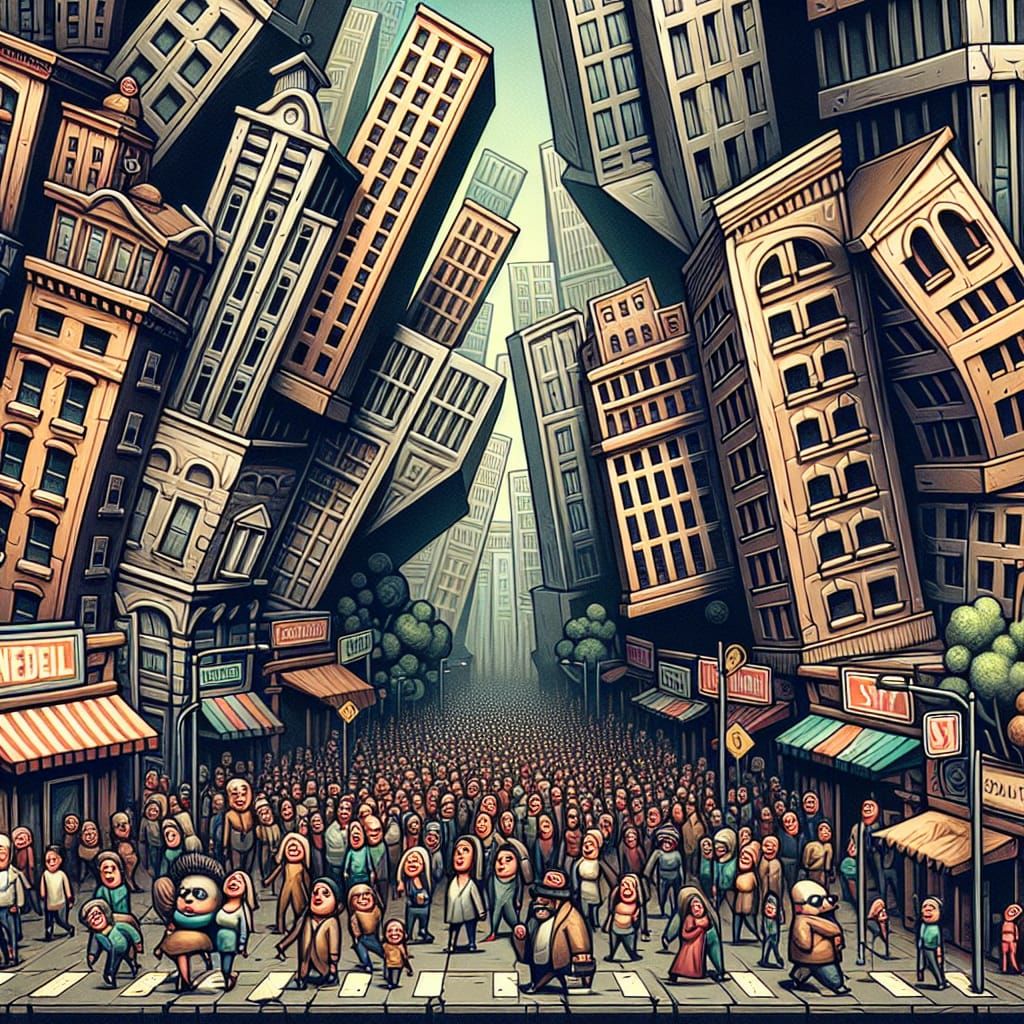 Surreal Cityscape with Comically Oversized Heads