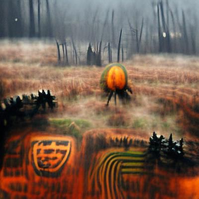 Foggy Pumpkin Patch Scene with Dark Forest