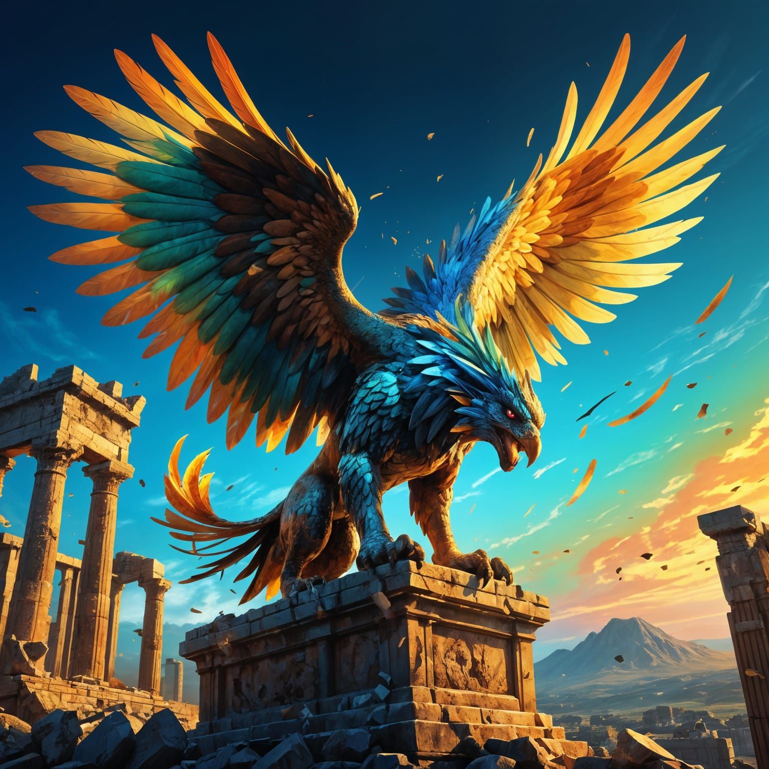 Majestic Griffin on Ancient Ruins in Dramatic Fantasy Art