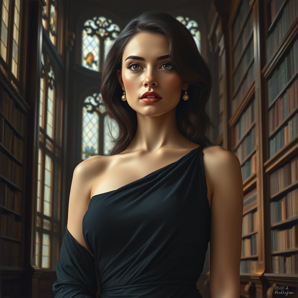 Brunette Bombshell in Library: Classic Oil Painting
