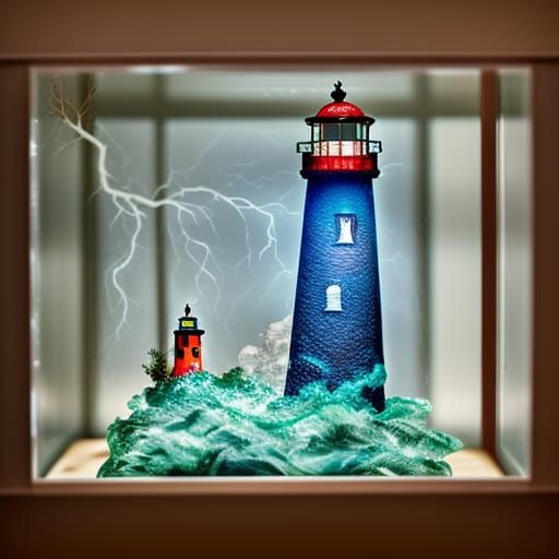 Lighthouse in Storm Diorama as Photorealistic Glass Art