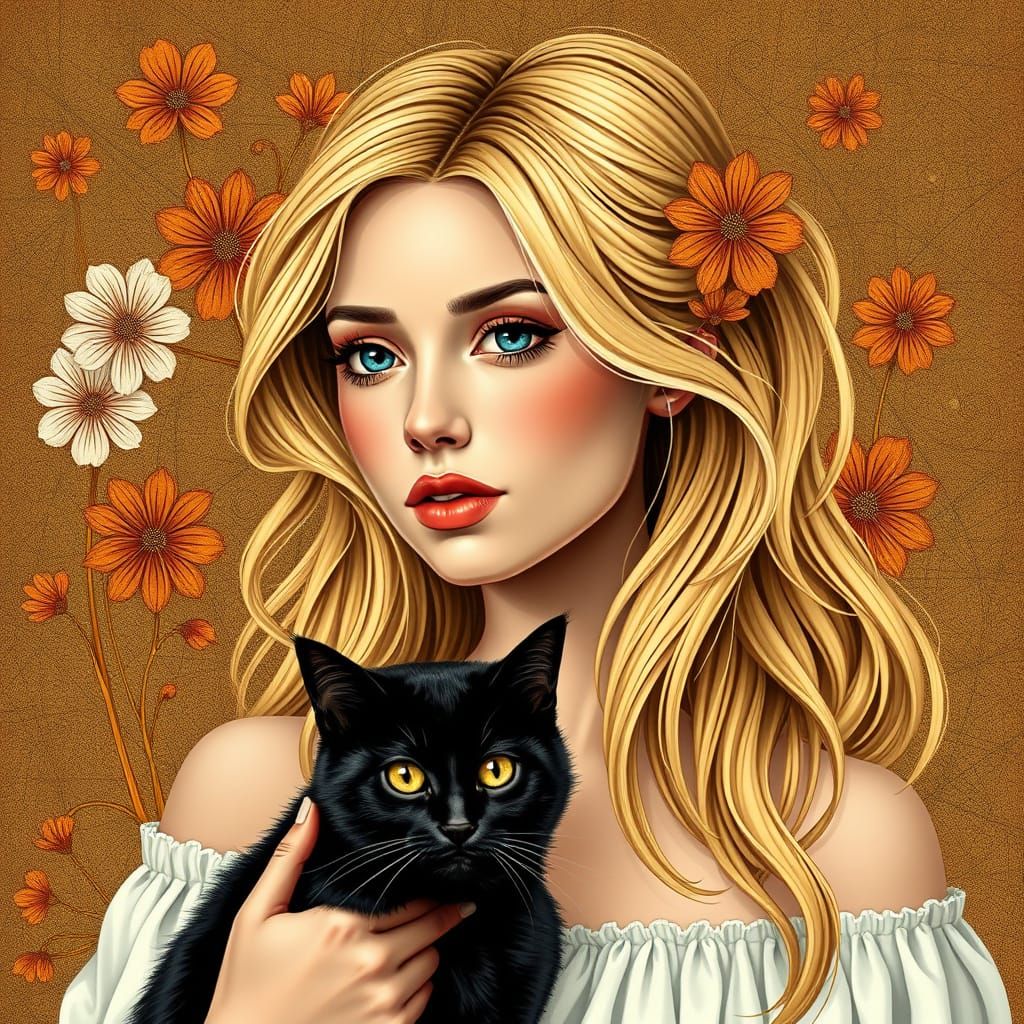 Blonde Woman Portrait With Flower Grass Hair and Cat in Art ...