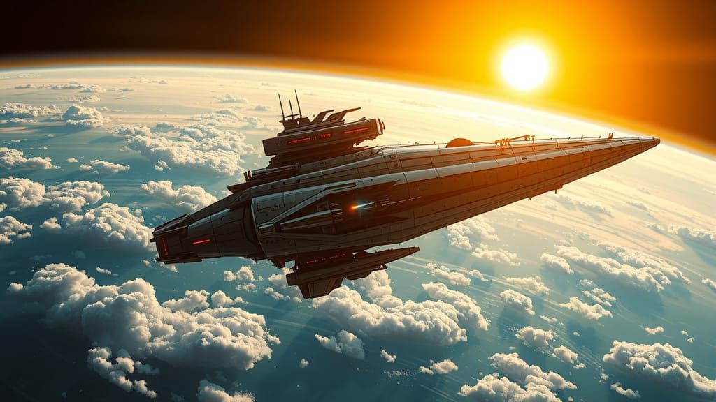 Sleek Spacecraft Over Turquoise Planet