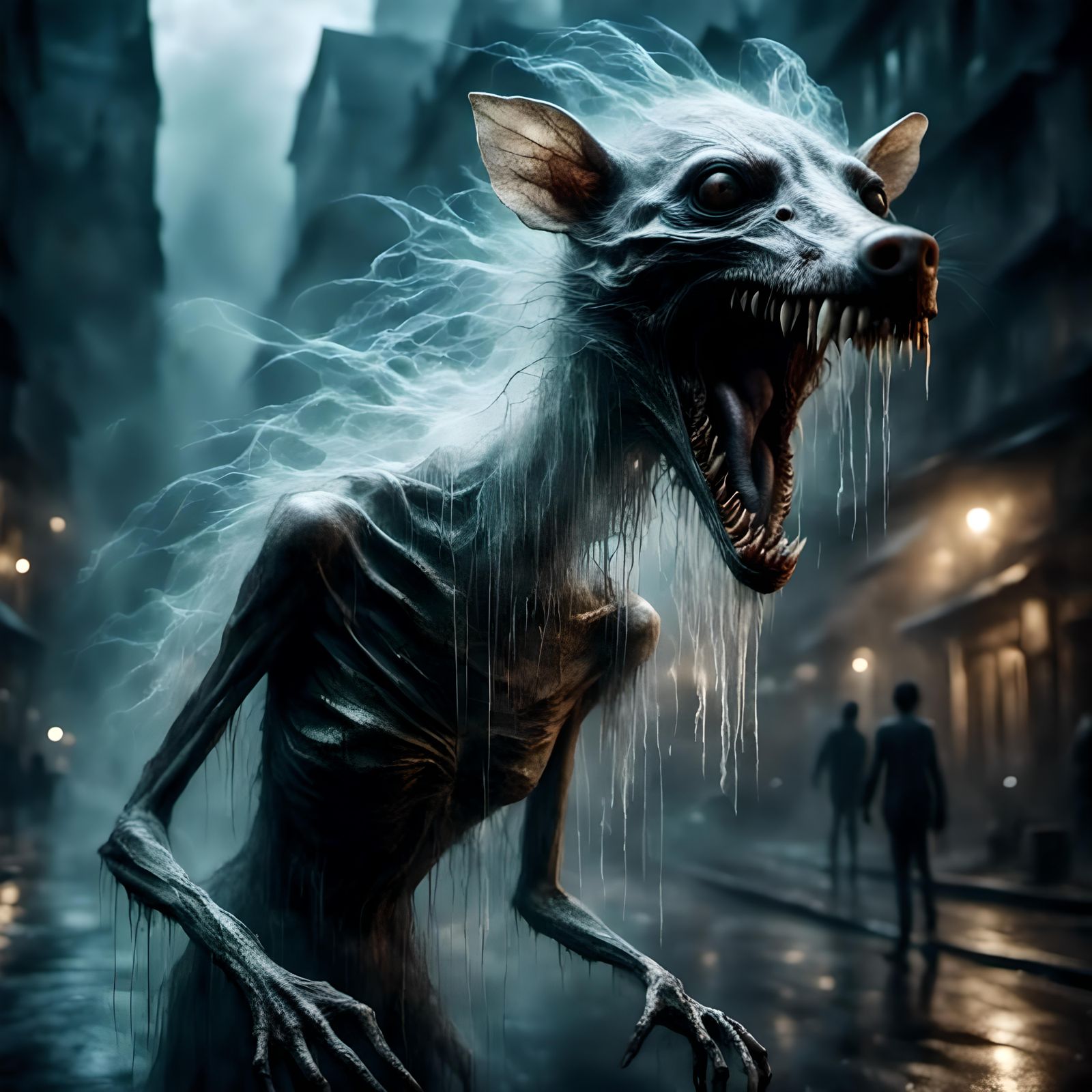 Ghostly Opossum-Human Hybrid with Giant Teeth