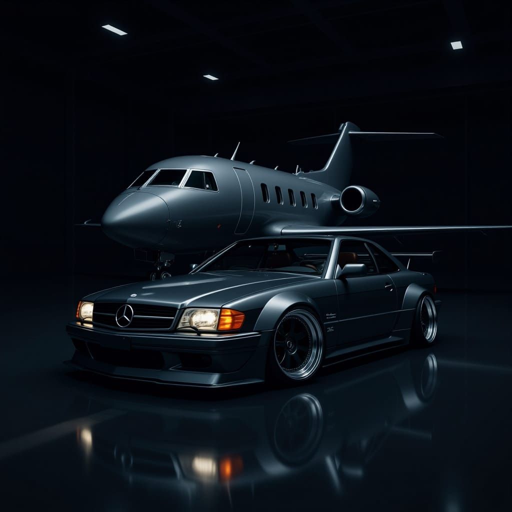 Luxurious Hangar with Dark Gray Car and Jet