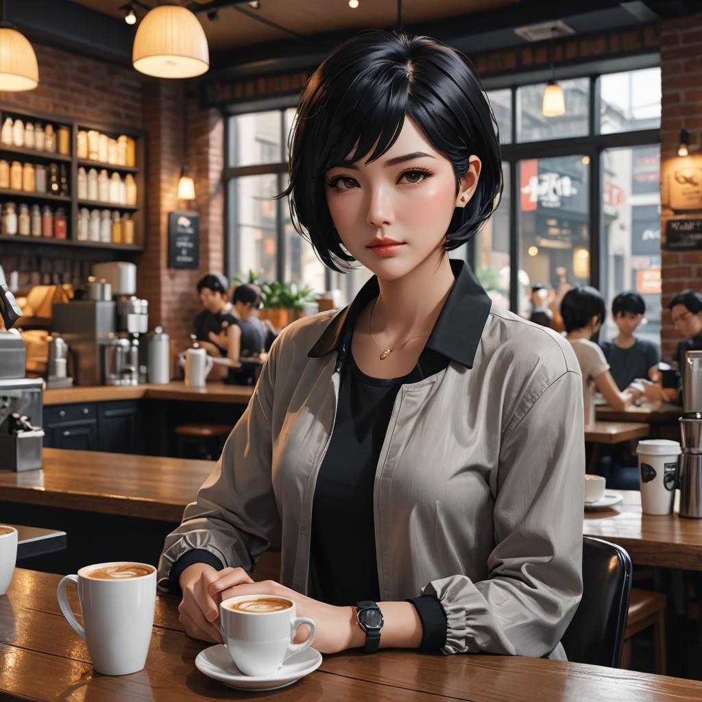 Anime Woman in Coffee Shop: 3D Render