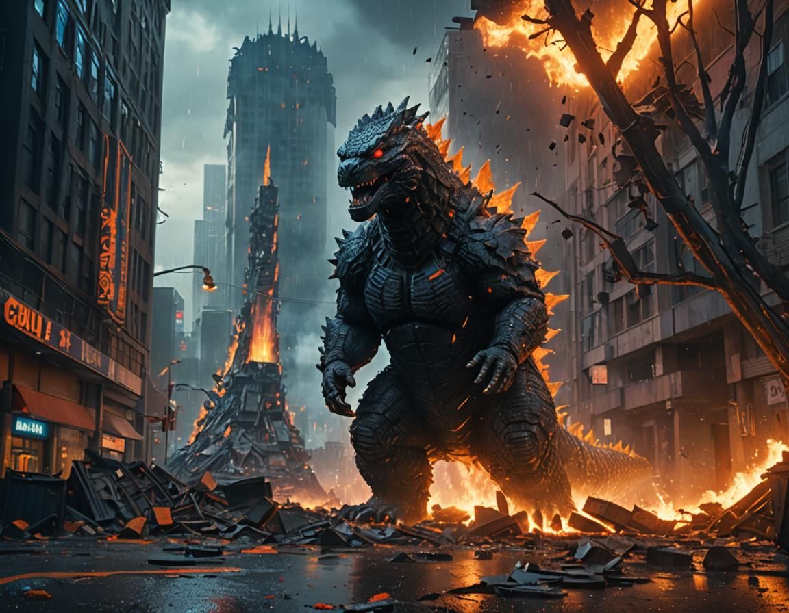 Godzilla Amidst City Destruction in Fantasy Art