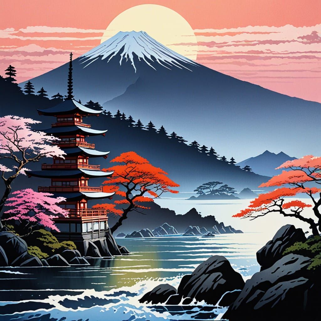 Suruga Bay Landscape in Ukiyo-e Woodblock Print Style