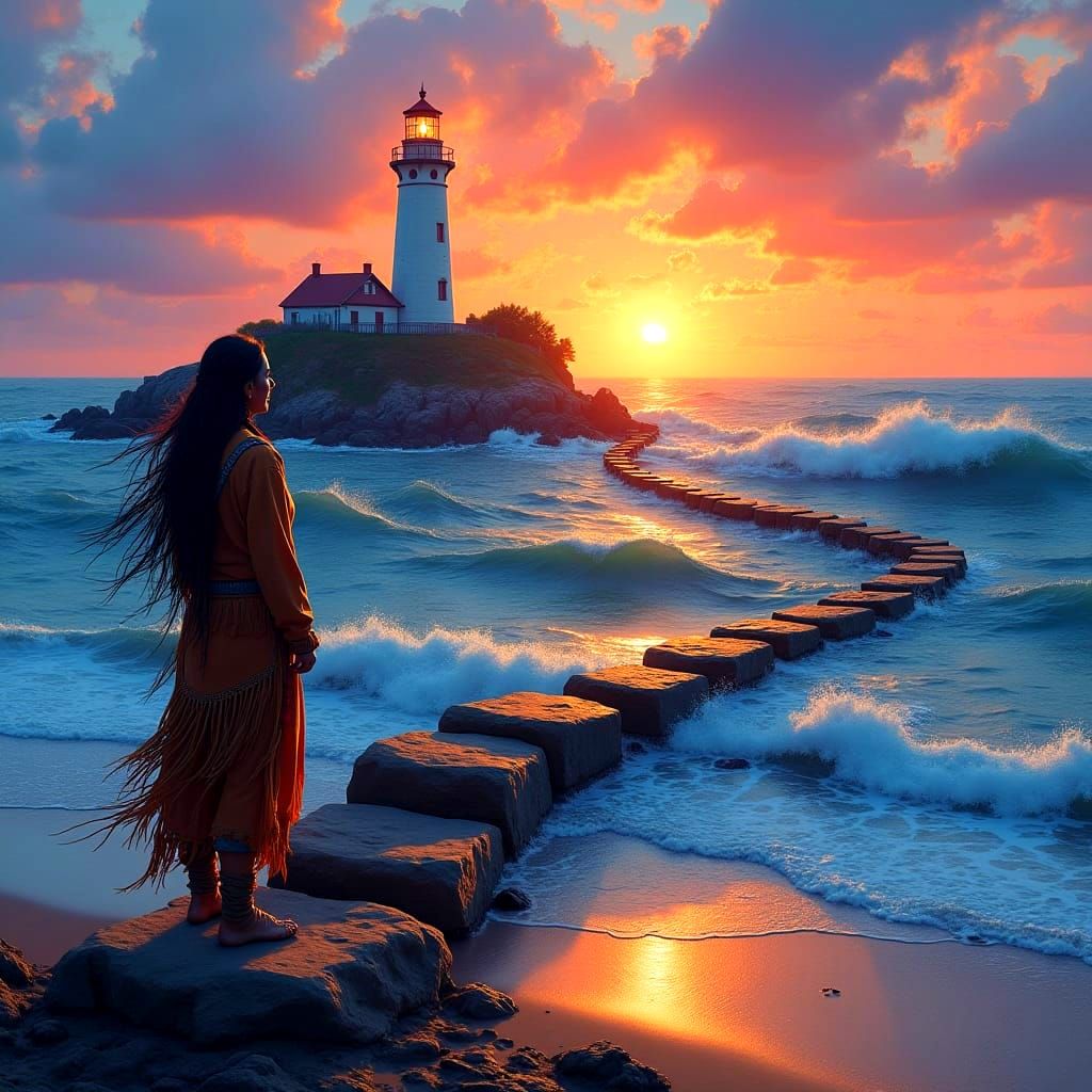 Ocean Stepping Stones to Lighthouse at Sunset