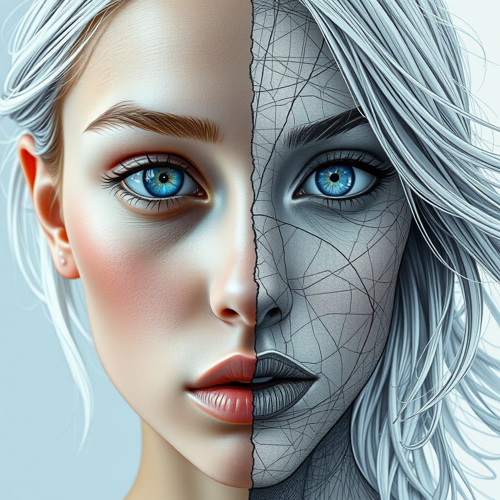 Surreal Digital Manga Split-Portrait of a Young Woman