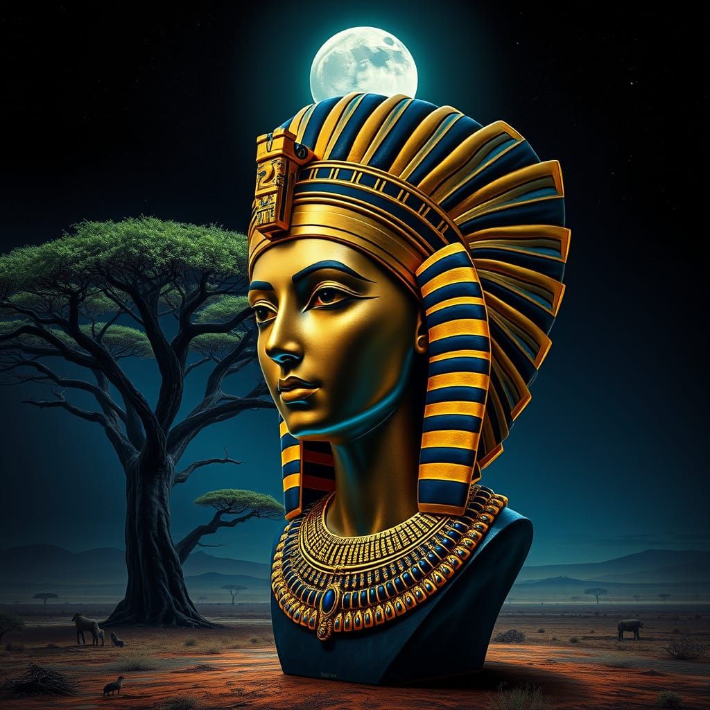 Neon Clay Bust of Cleopatra in Egyptian Mural Style