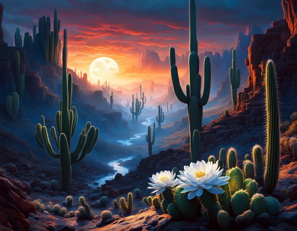 Desert Canyon Sunset with Cacti: Digital Illustration