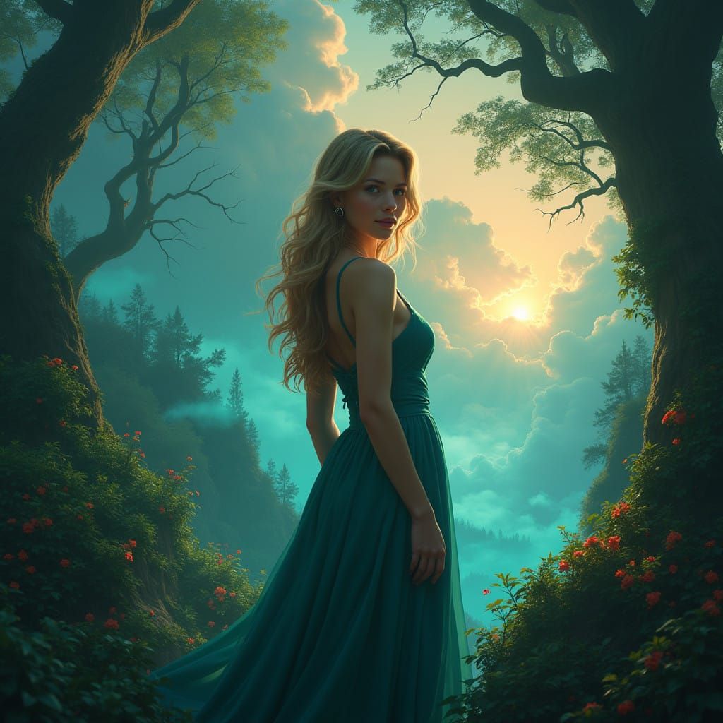 Mystical Goddess Smiles Amidst Whimsical Landscape