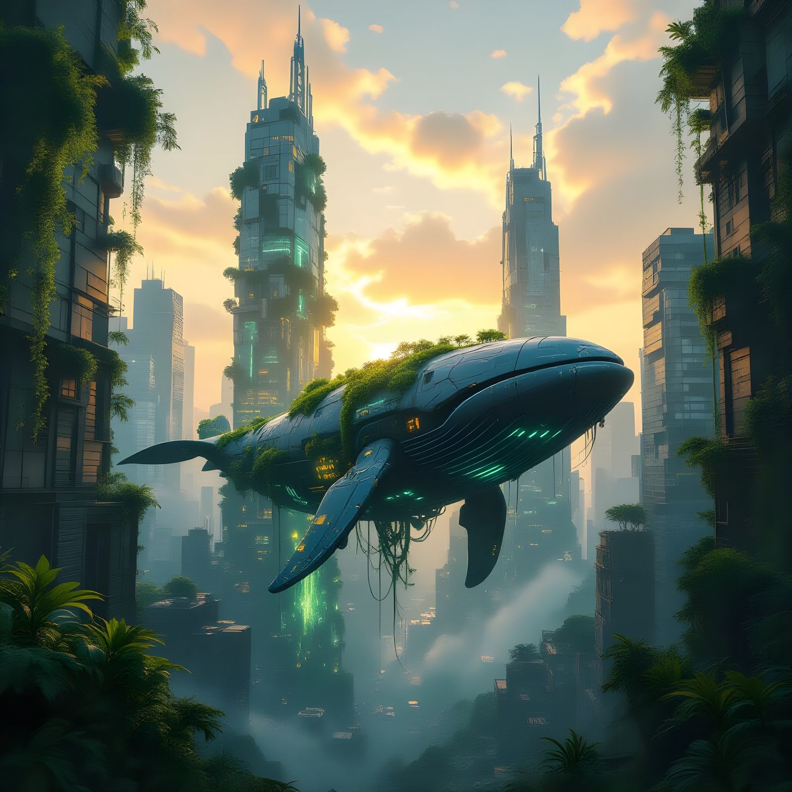 Lush Jungle Devouring Cyberpunk Cityscape