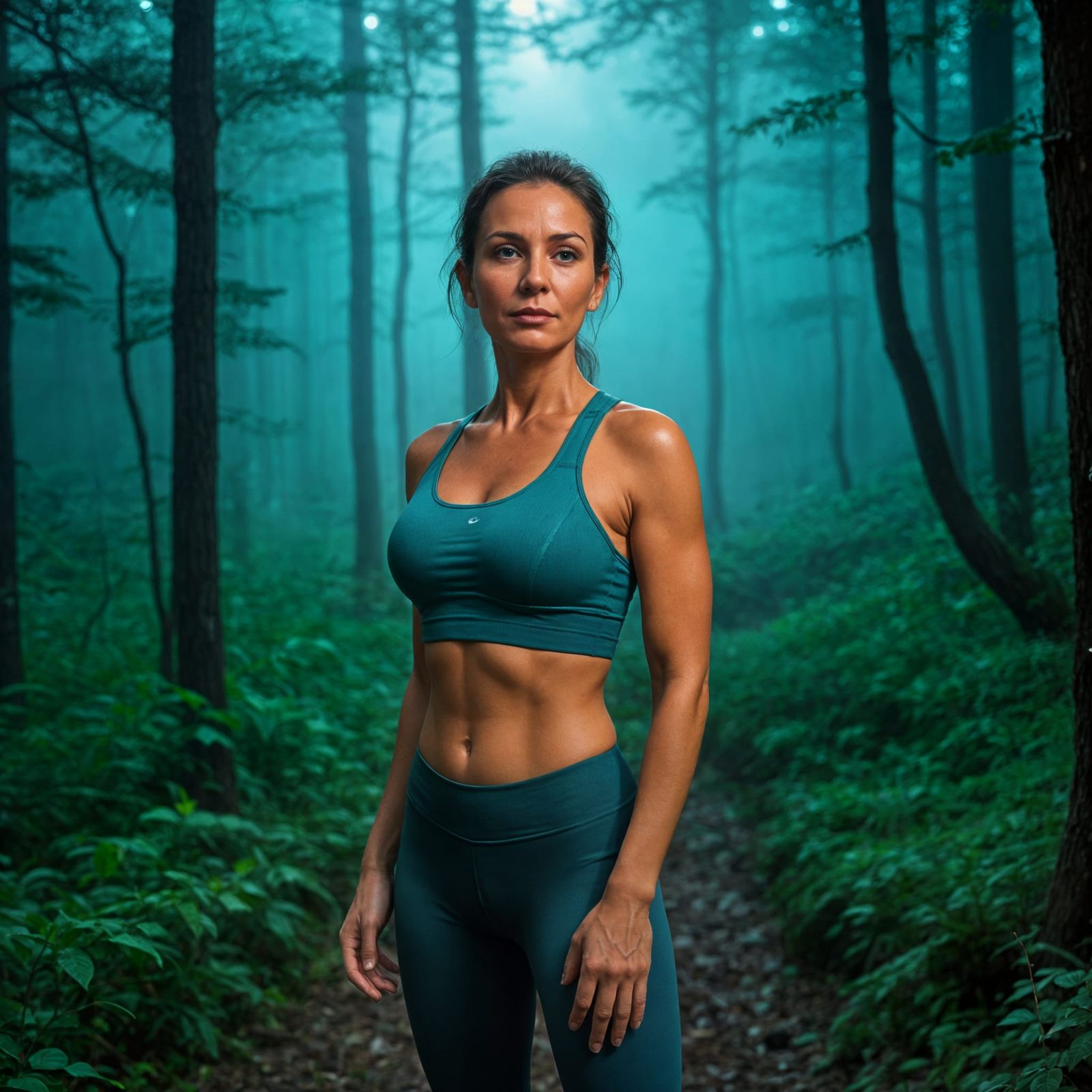 Muscular Woman in Gothic Forest at Night