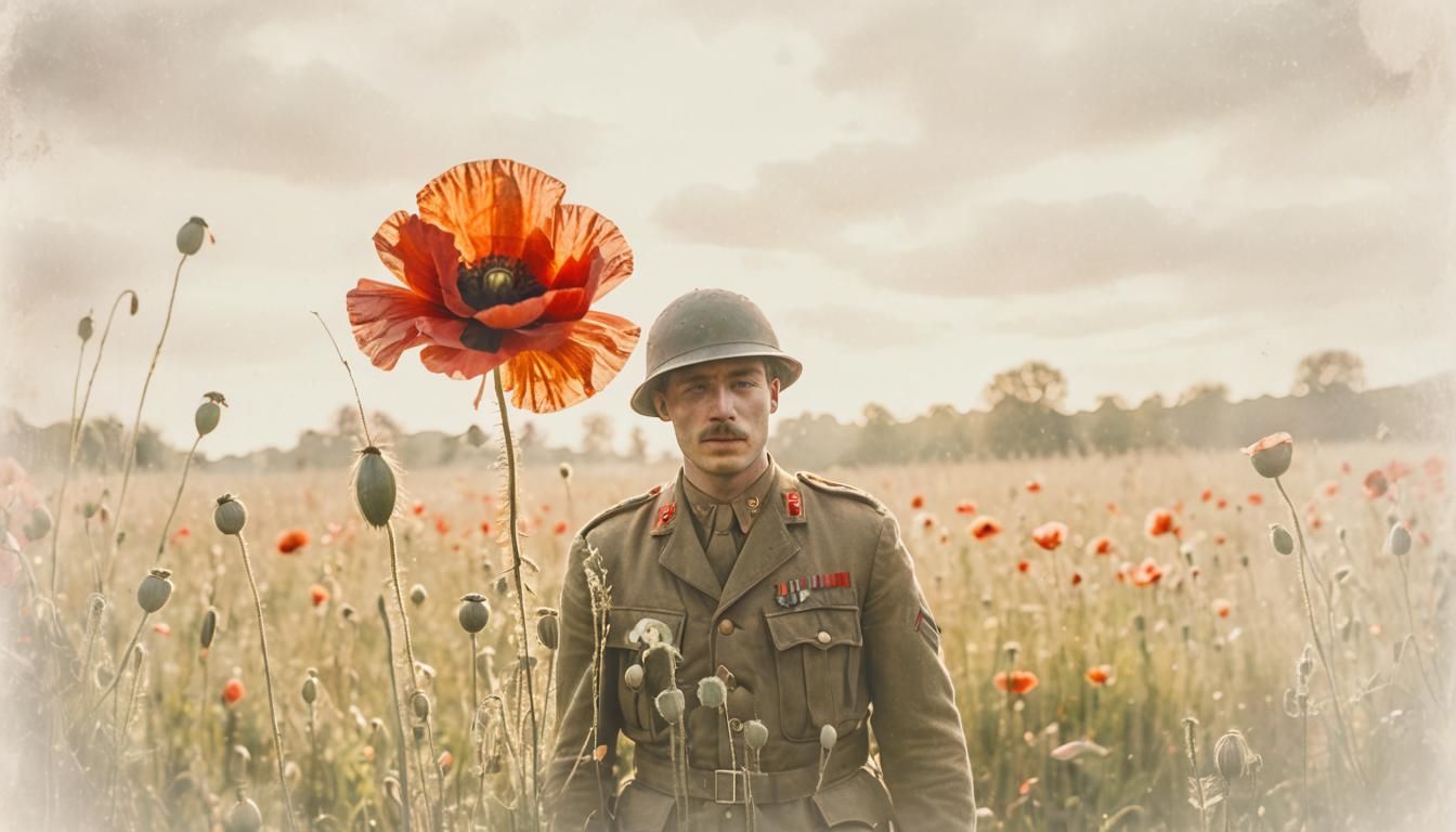 Create a double exposure of a ww1 Soldier overlaid on a photo of a poppy.