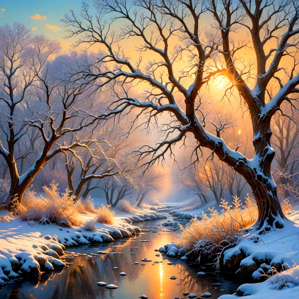 Glistening Winter Wonderland Creek in Kinkade Style