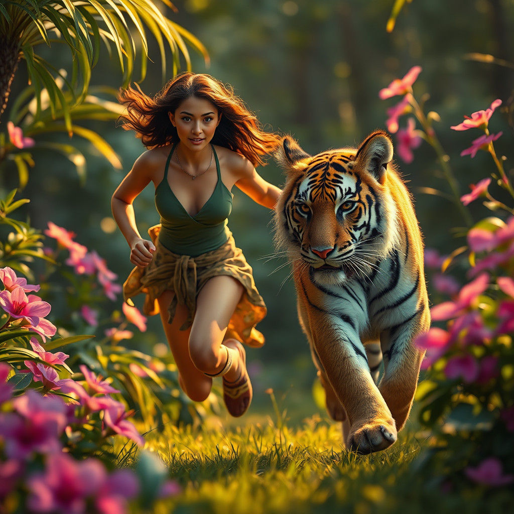 Woman and Tiger Cub in Jungle, Fantasy Art