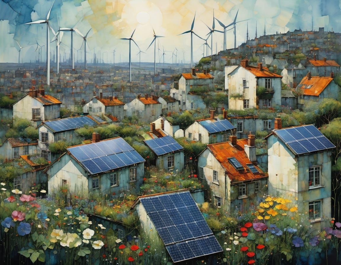 Surreal Solarpunk Cityscape in Vibrant Encaustic Style