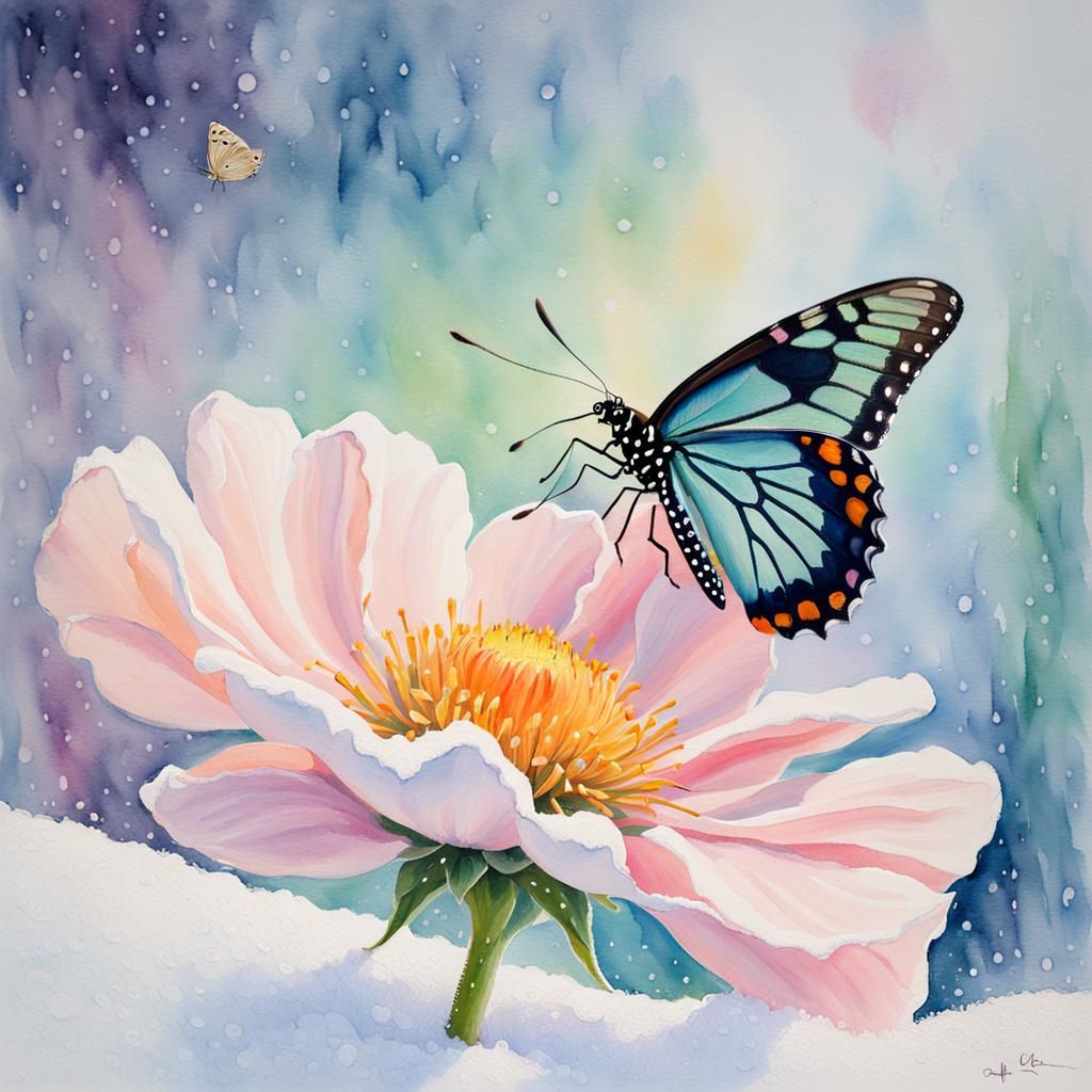 Pastel Flower Blooms Through Snow: Watercolor Abstract