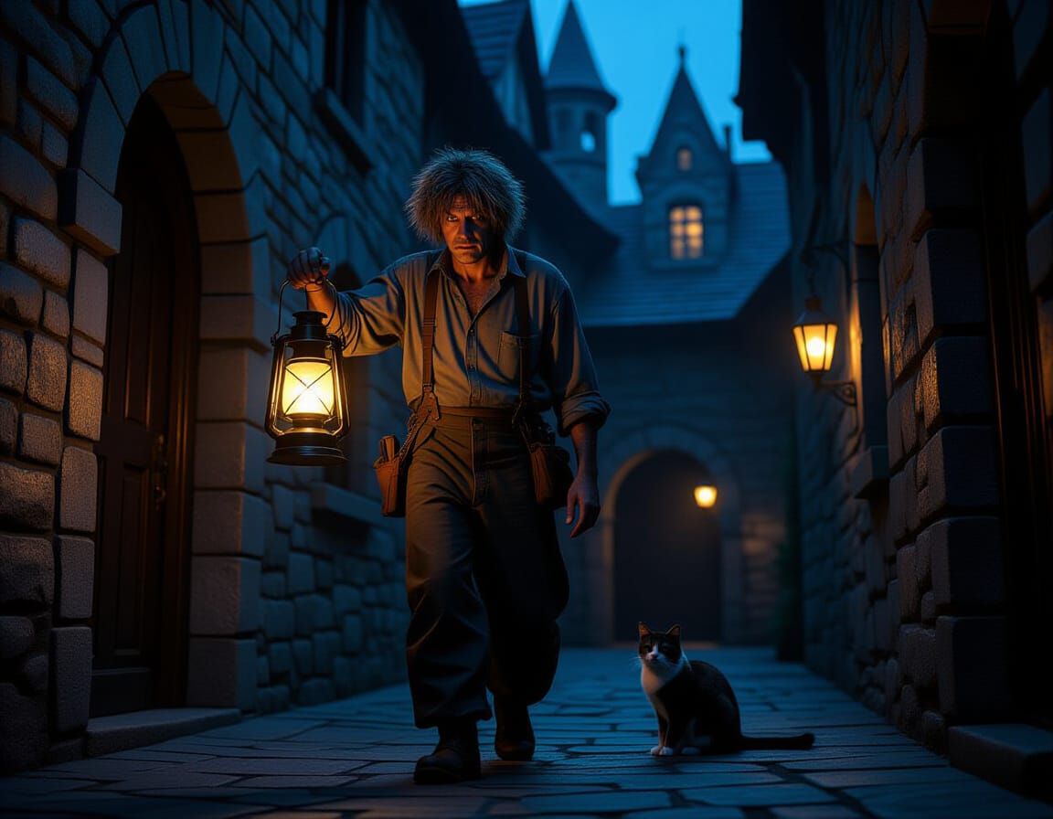 Man and Cat Patrol Magical Castle Halls at Night