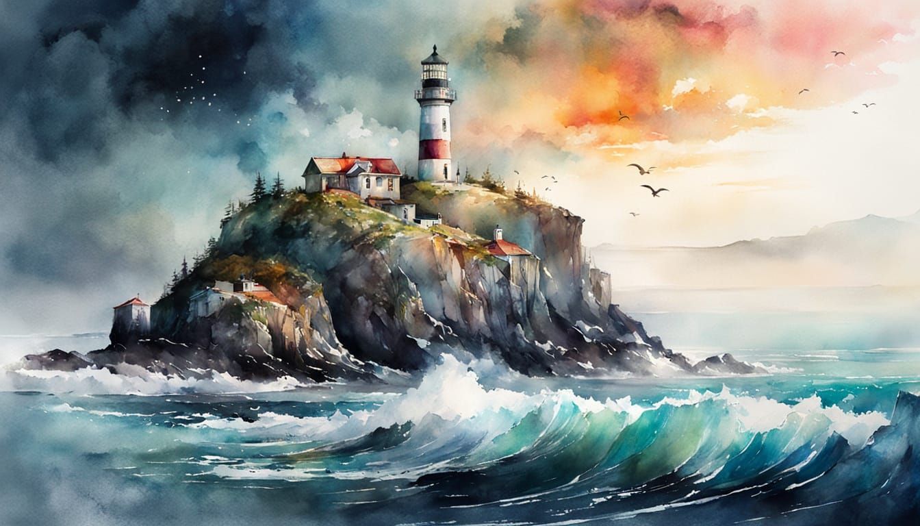 Lighthouse Backlit by Moon in Watercolor Illustration