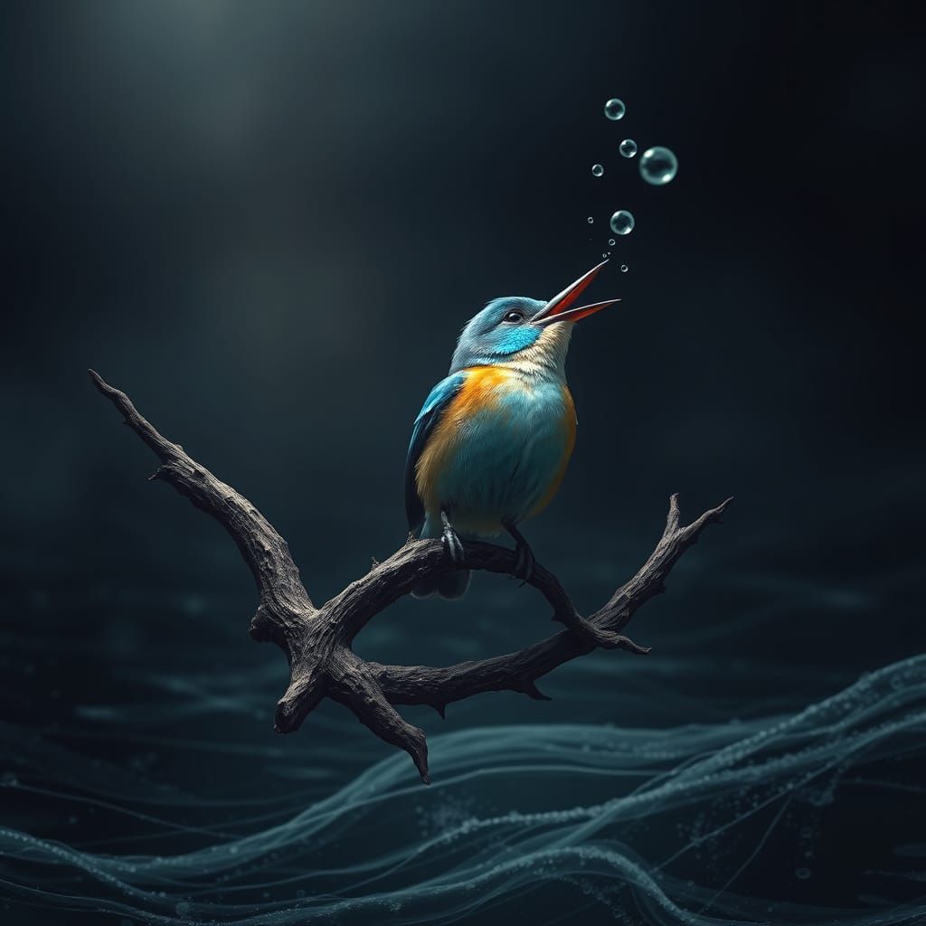 Iridescent Bird Amidst Turbulent Ocean