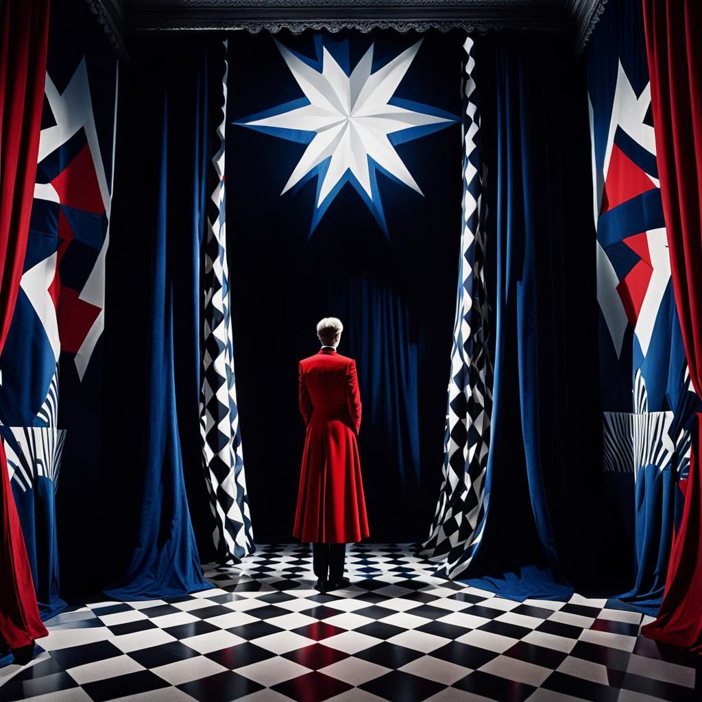 German Expressionist Figure Behind Starry Curtain