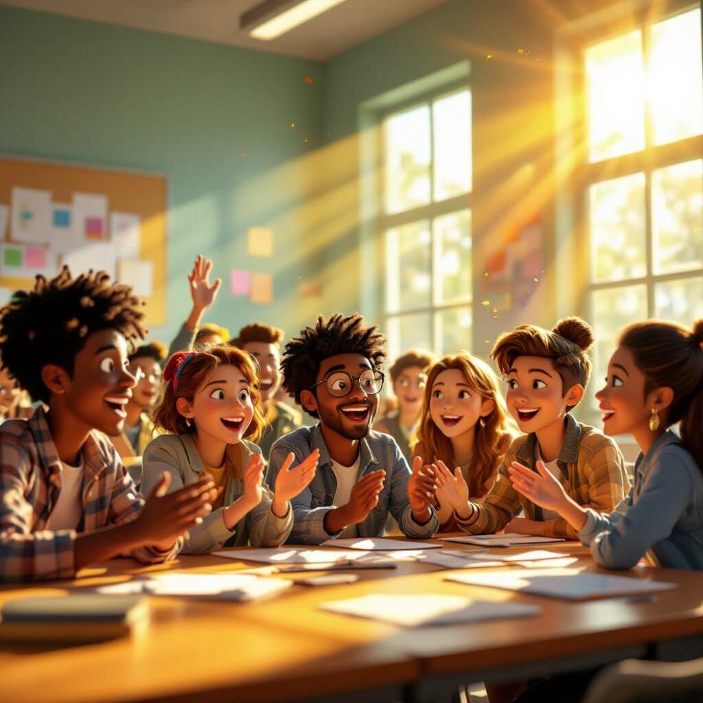 Students Engaged in Sunlit Classroom 3D Digital Art