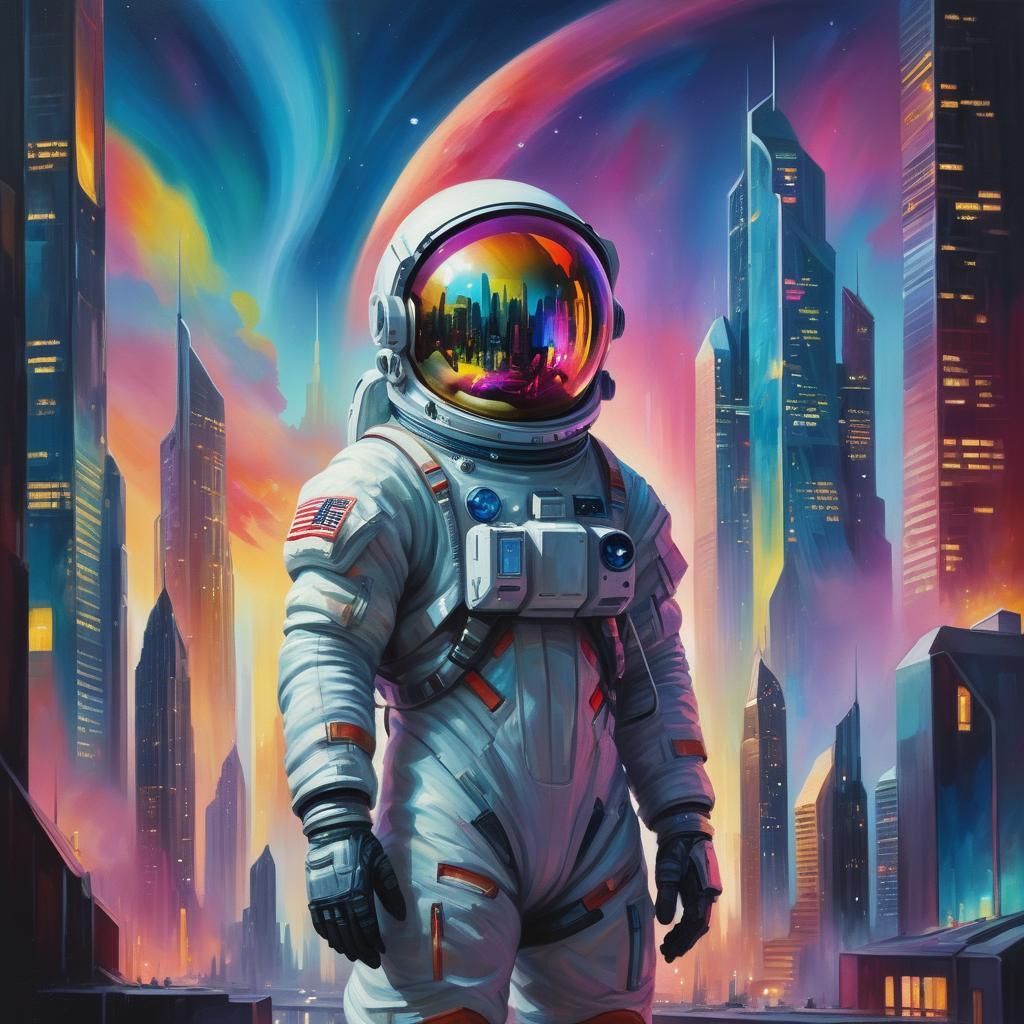 Astronaut in Futuristic Cityscape: Surreal Oil Painting