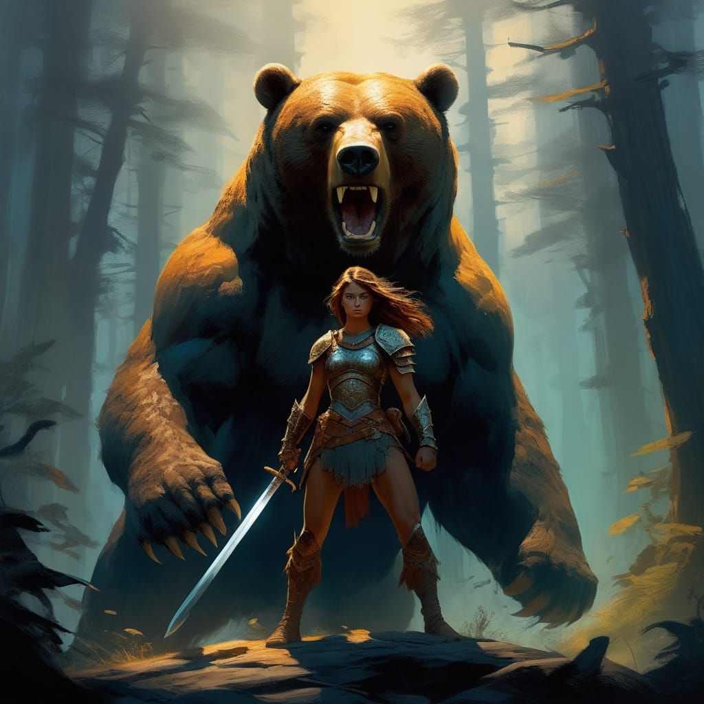 Fantasy Warrior Confronts Fierce Bear in Golden Light