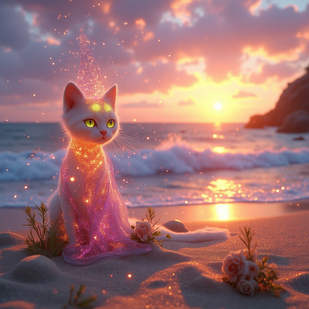 Cat at Sunset Beach in Dreamy Digital Art