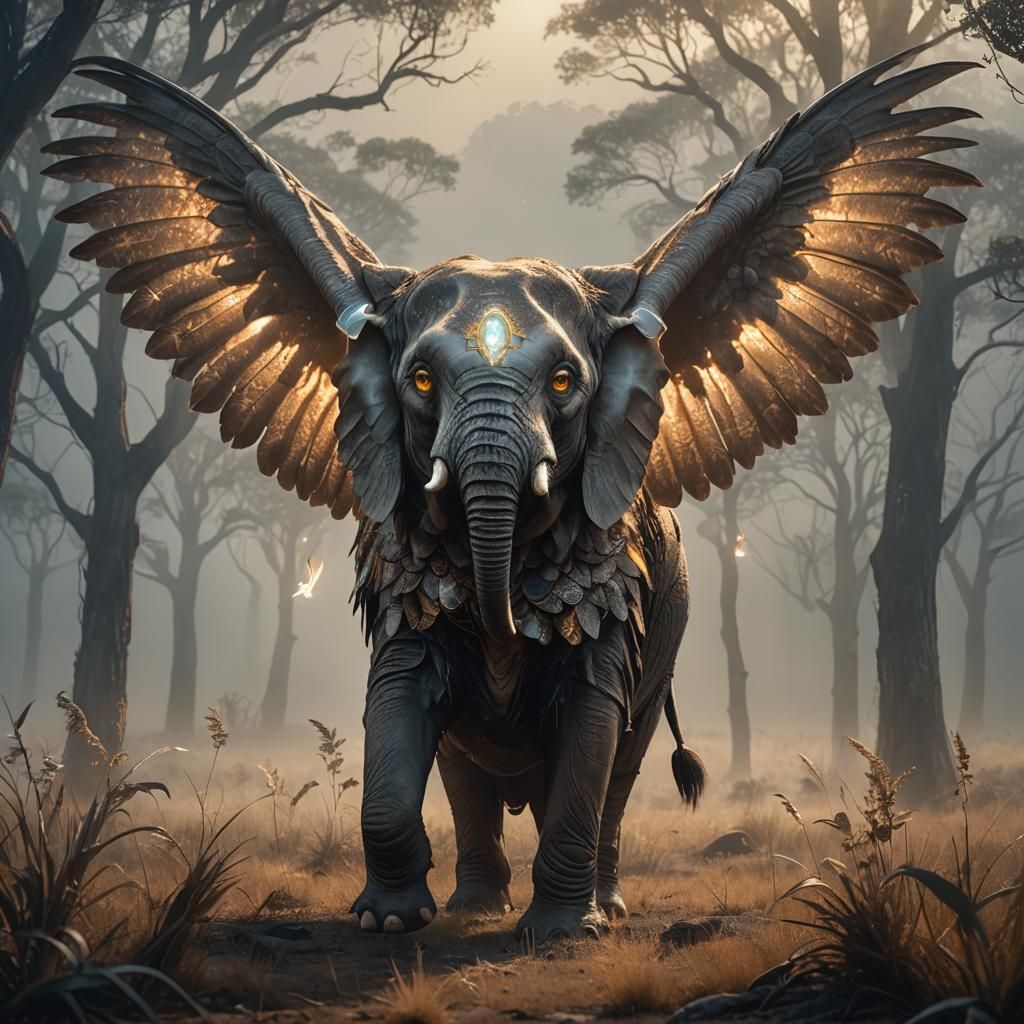 Majestic Elephant-Owl Hybrid in Dreamlike Savannah