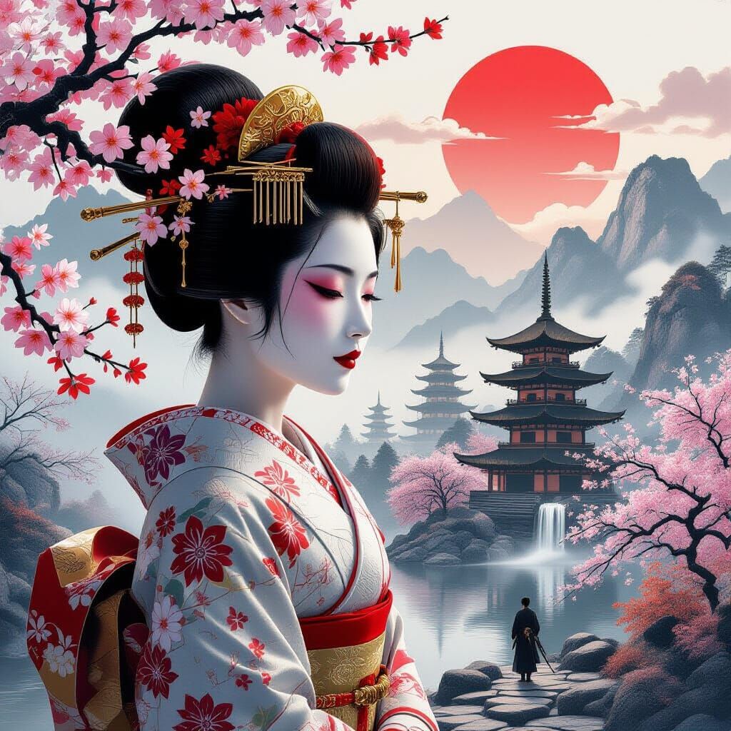 Geisha Double Exposure with Misty Japanese Landscape