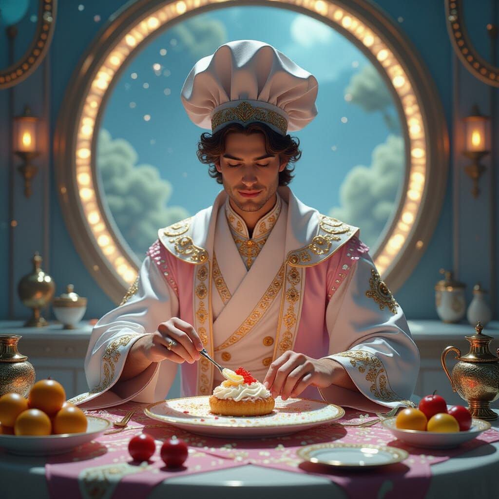 Celestial Chef on Candy Planet in Art Nouveau Style