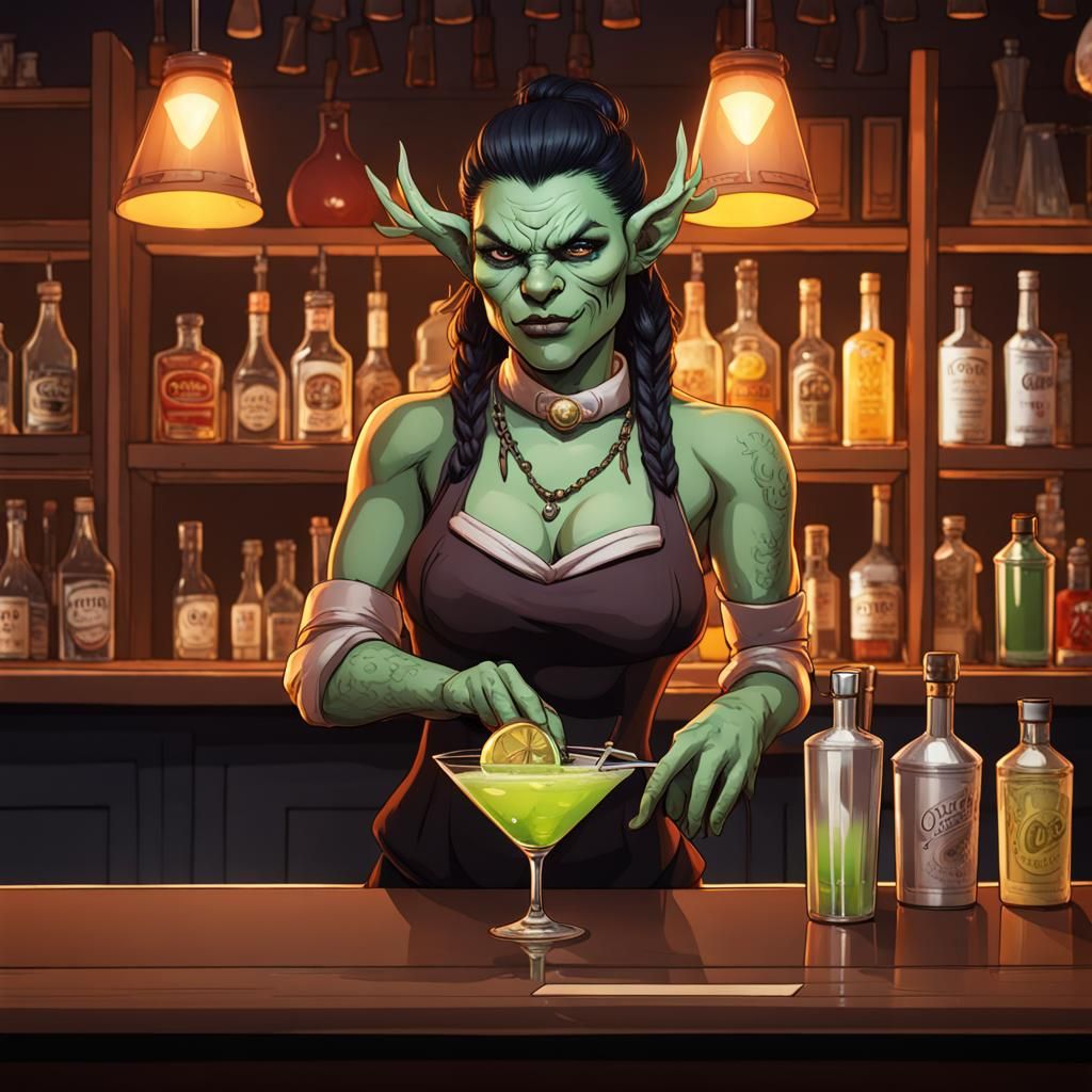 Orcish Bartender Serves a Colorful Cocktail