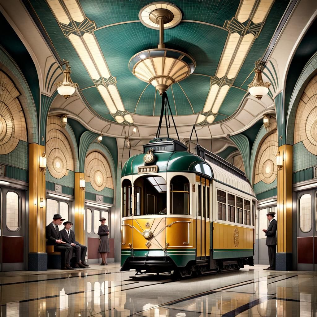 (((Sheer elegant Art deco tram arrived at in a cavernous glamorous art deco underground station ::3 )))_passengers waiti...
