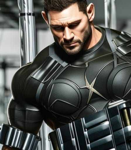 Chris Redfield as a massive bodybuilder, huge biceps and lat...