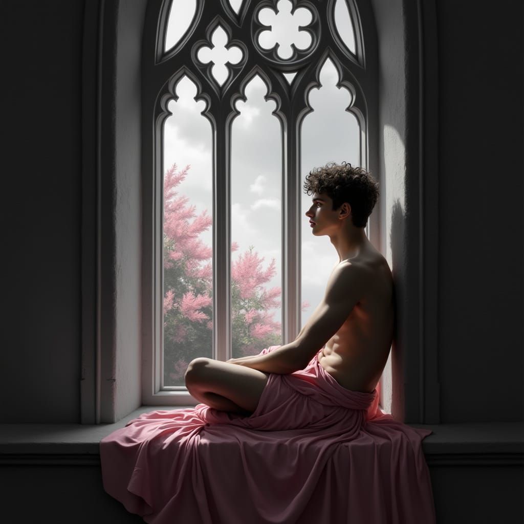 Young Man on Window Sill, Classical Oil Painting Style