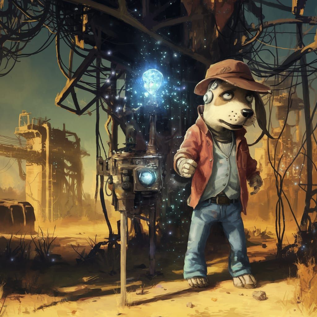 Robot Dog in Post-Apocalyptic Landscape, Wearing a Worn Fedo...