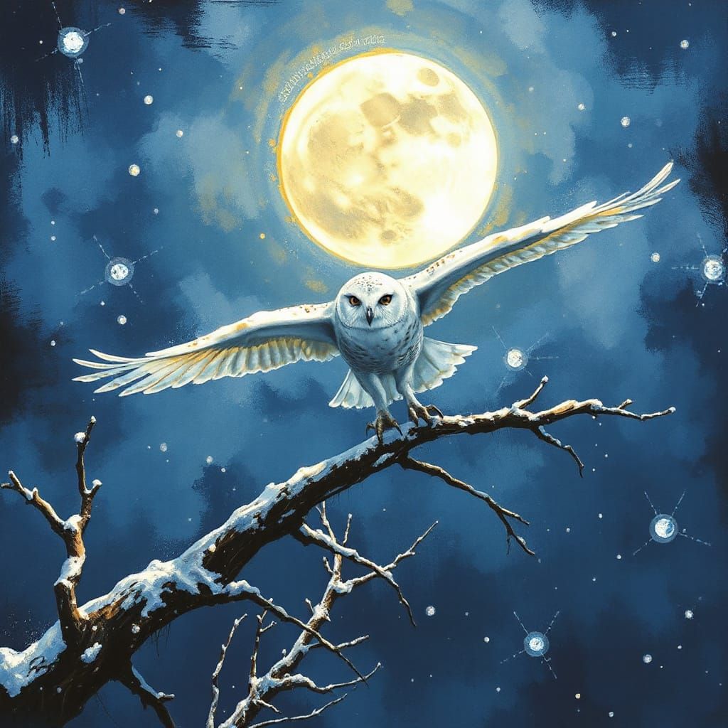 Moonlit Snow Owl in Abstract Winter Landscape
