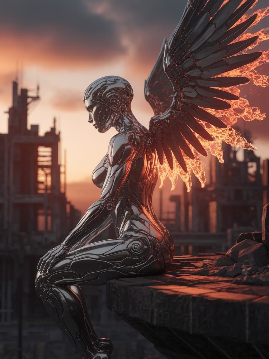 Biomechanical Angel on Ruined City at Sunset