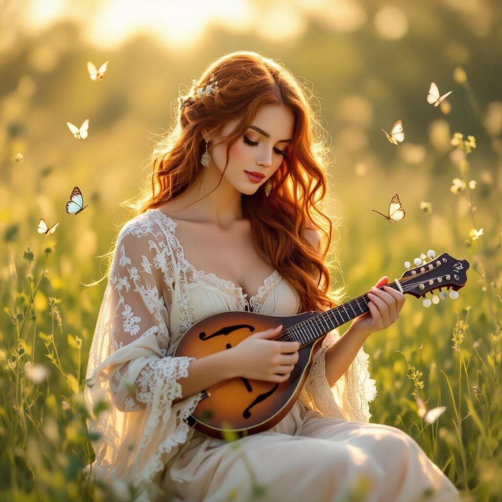 Woman Playing Mandolin in Golden Hour Meadow