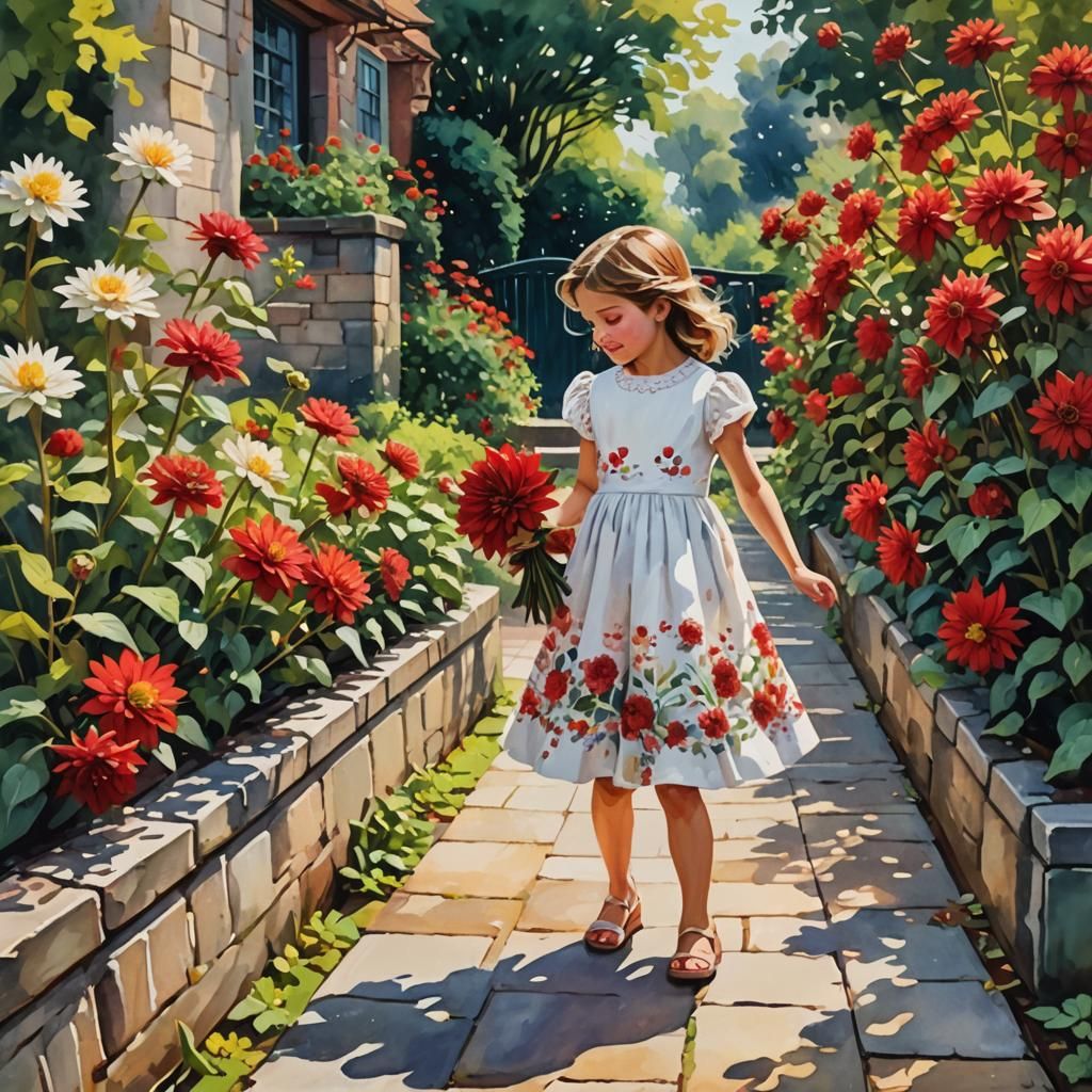 Girl Collecting Dahlias on Garden Walkway, Gouache Style
